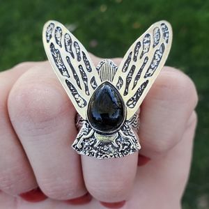 New Black Onyx Flying Insect Silver Ring.